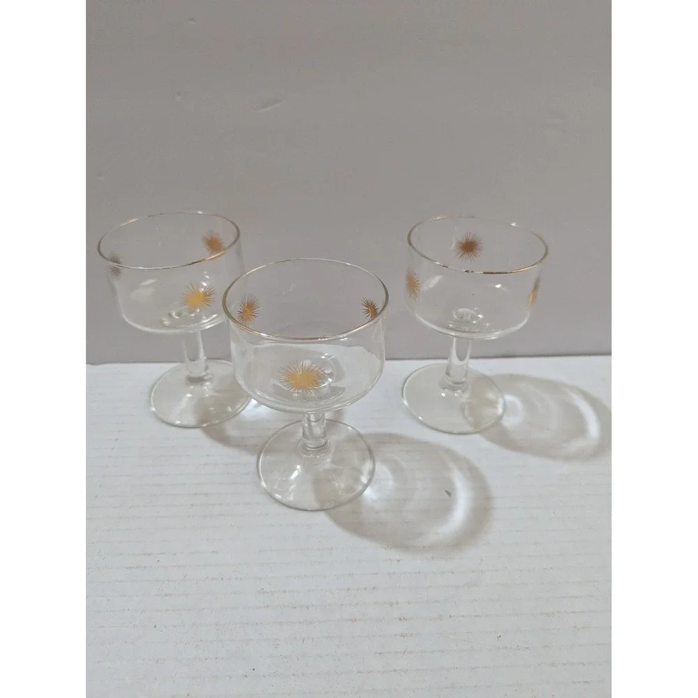 Vintage Mid Century Gold Atomic Starburst Coupe Champagne Glasses Set of 3